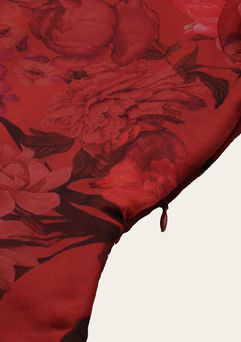 Red Floral Print Poly Blend Kurta Set