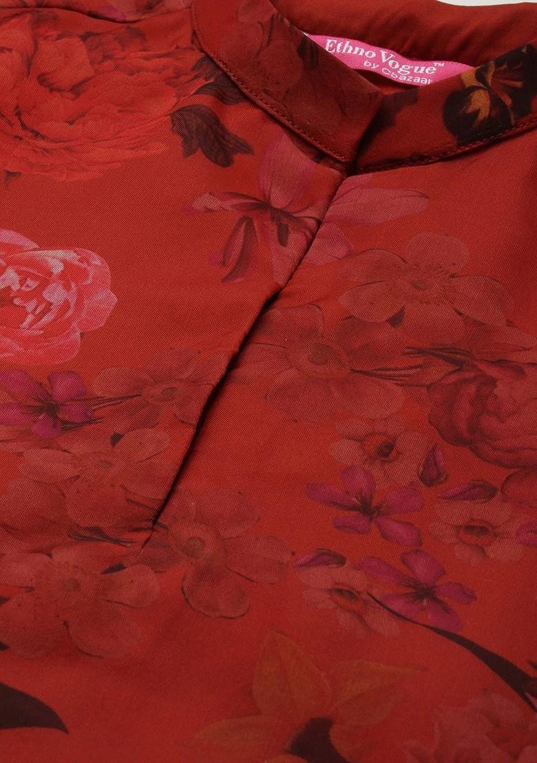 Red Floral Print Poly Blend Kurta Set