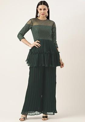 Green Ethnic Motifs Poly Blend Kurta Set