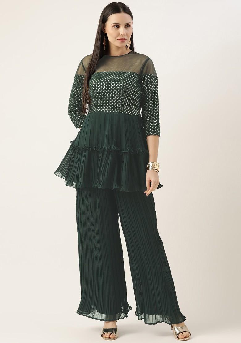 Green Ethnic Motifs Poly Blend Kurta Set