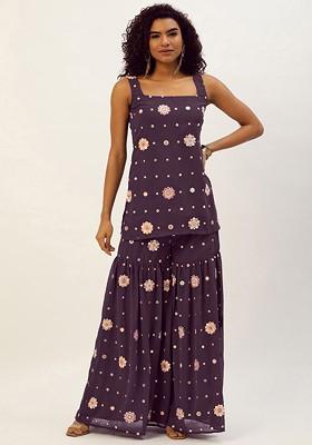 Magenta Ethnic Motifs Poly Blend Kurta Set