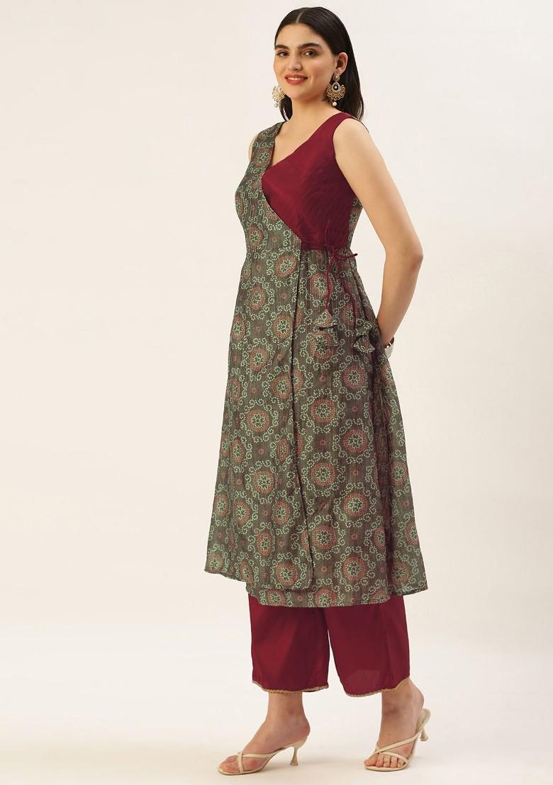 Maroon Printed Silk Kurta Set