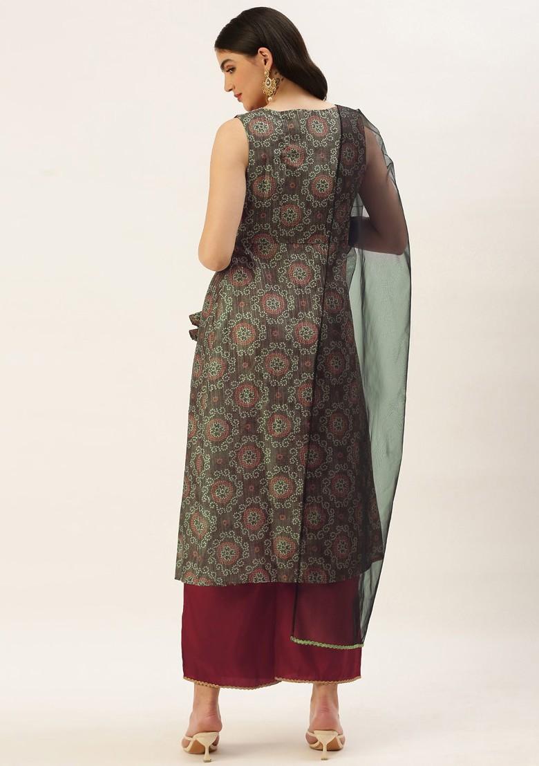 Maroon Printed Silk Kurta Set