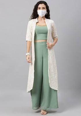 Green Embroidered Poly Blend Kurta Set