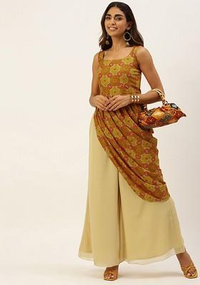 Brown Ethnic Motifs Printed Poly Blend Kurta Set