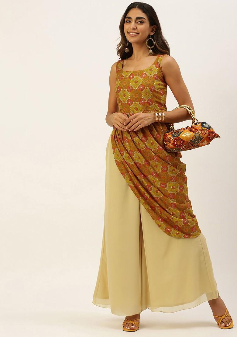 Brown Ethnic Motifs Printed Poly Blend Kurta Set