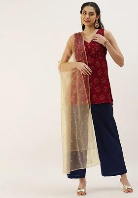 Maroon Ethnic Motifs Printed Poly Blend Kurta Set