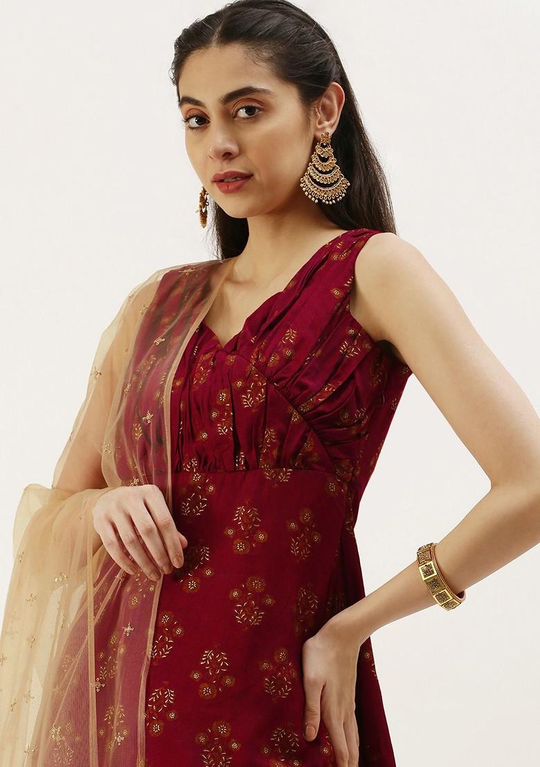 Maroon Ethnic Motifs Printed Poly Blend Kurta Set
