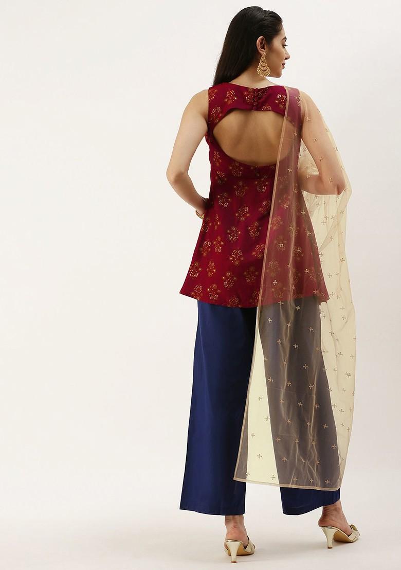 Maroon Ethnic Motifs Printed Poly Blend Kurta Set