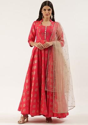 Red Printed Poly Blend Kurta Set