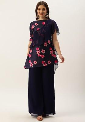 Navy Blue Floral Print Poly Blend Kurta Set