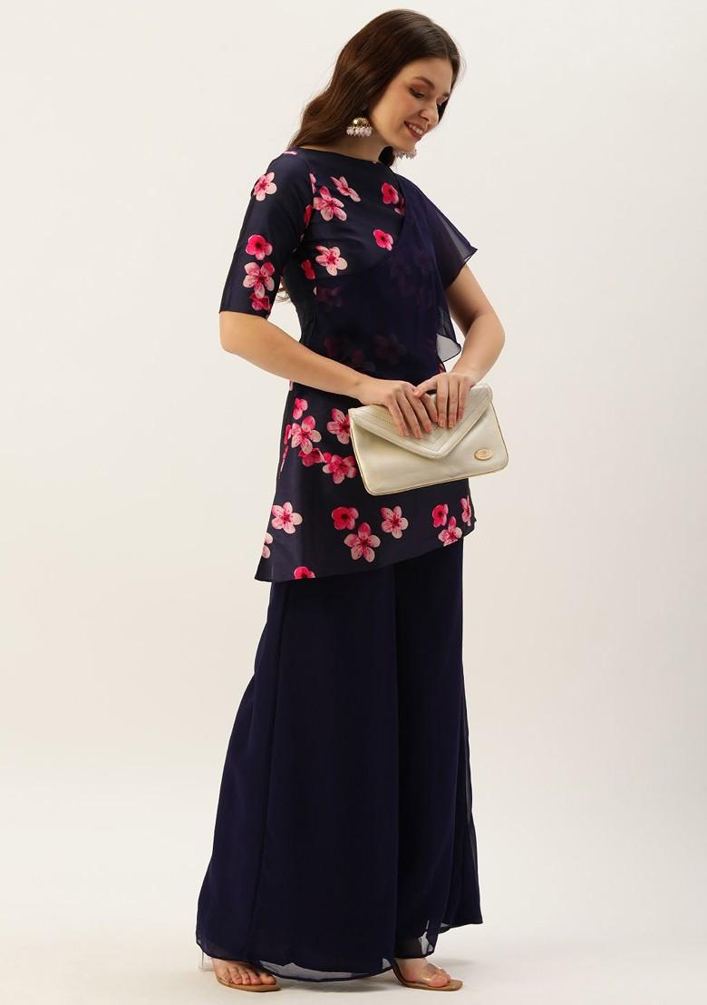 Navy Blue Floral Print Poly Blend Kurta Set