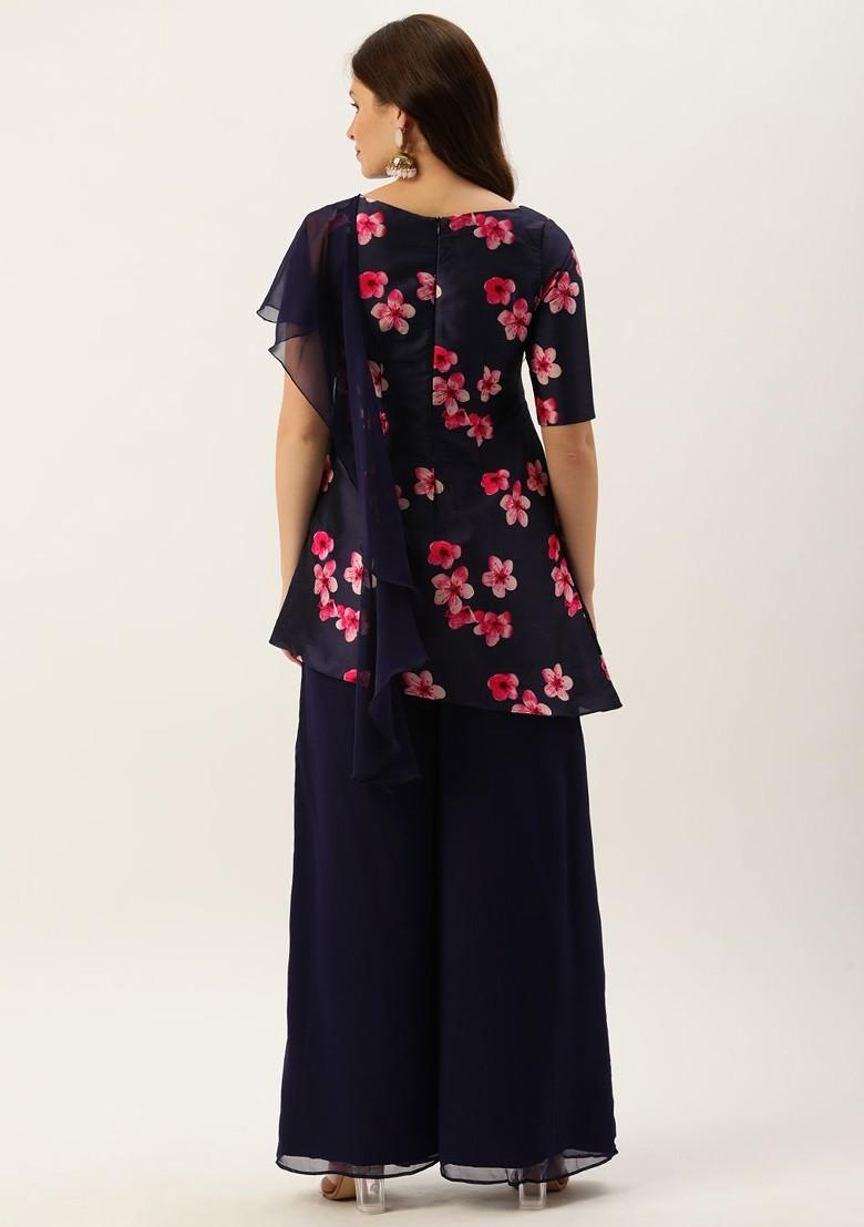 Navy Blue Floral Print Poly Blend Kurta Set