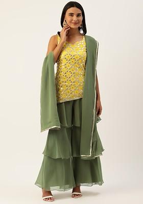 Mustard Embroidered Poly Blend Kurta Set