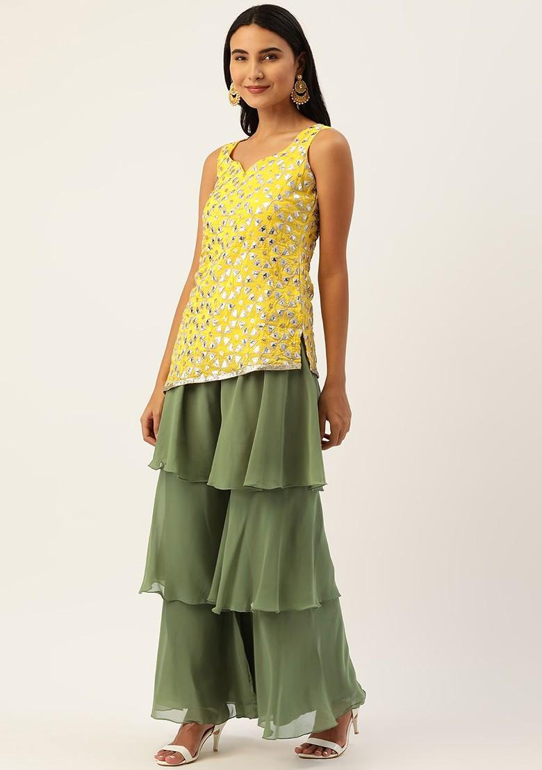 Mustard Embroidered Poly Blend Kurta Set