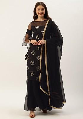 Black Floral Embroidered Poly Blend Kurta Set