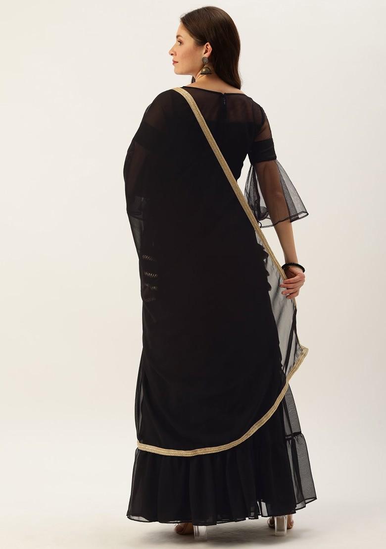 Black Floral Embroidered Poly Blend Kurta Set