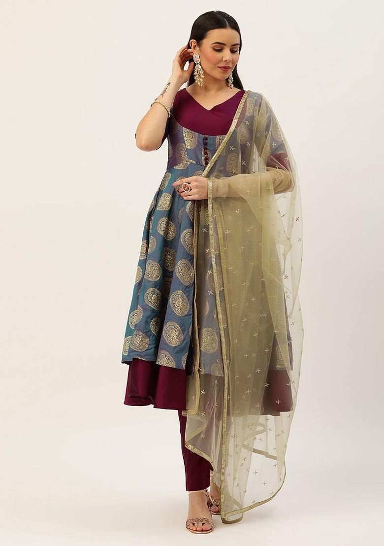 Teal Woven Poly Blend Kurta Set