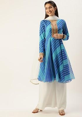 Blue Floral Embroidered Poly Blend Kurta Set