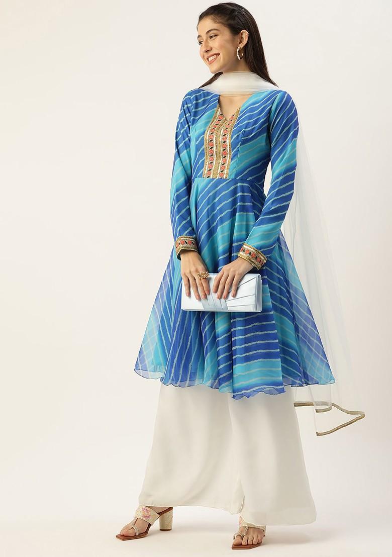 Blue Floral Embroidered Poly Blend Kurta Set