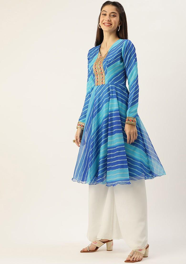 Blue Floral Embroidered Poly Blend Kurta Set