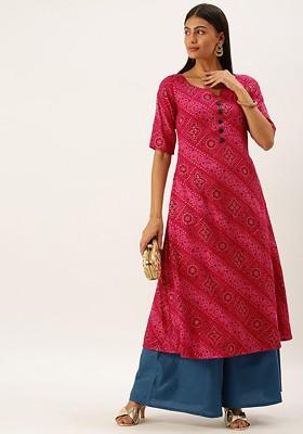 Pink Bandhani Print Poly Blend Kurta Set