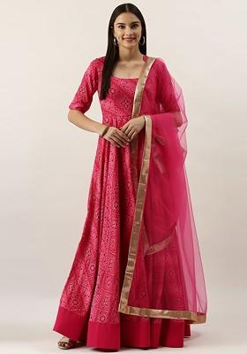 Pink Bandhani Print Poly Blend Kurta Set