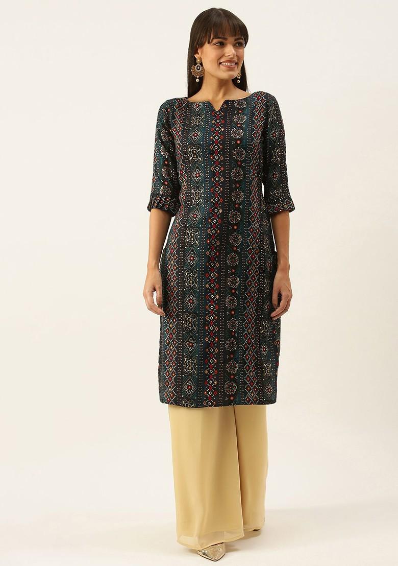 Blue Floral Print Poly Blend Kurta Set
