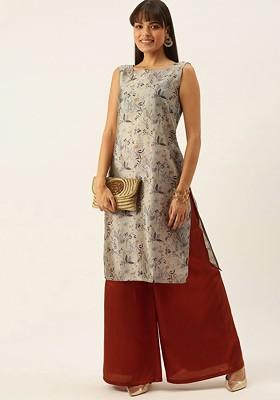 Grey Floral Print Poly Blend Kurta Set