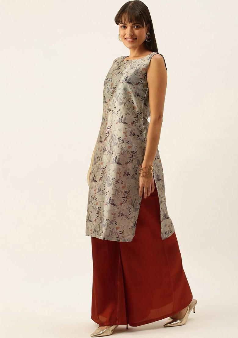 Grey Floral Print Poly Blend Kurta Set