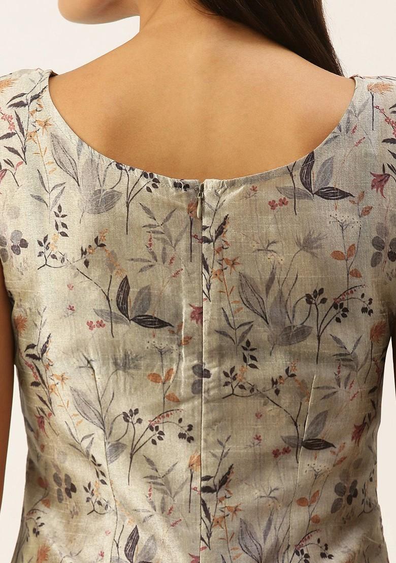 Grey Floral Print Poly Blend Kurta Set