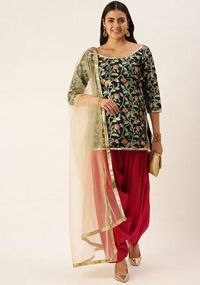 Navy Blue Floral Embroidered Poly Blend Kurta Set