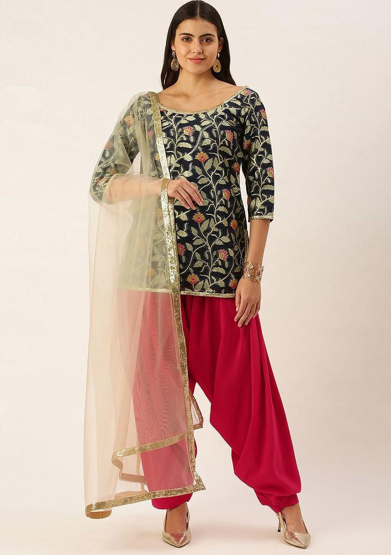 Navy Blue Floral Embroidered Poly Blend Kurta Set