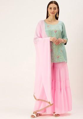 Blue Floral Sequin Embroidered Poly Blend Kurta Set