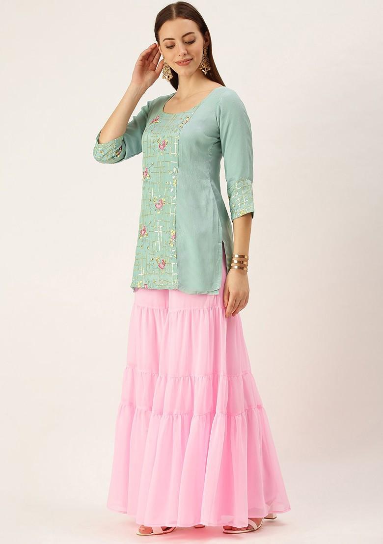 Blue Floral Sequin Embroidered Poly Blend Kurta Set