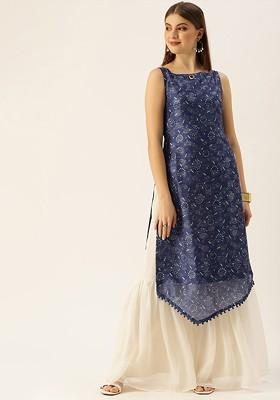 Blue Thread Embroidered Poly Blend Kurta Set