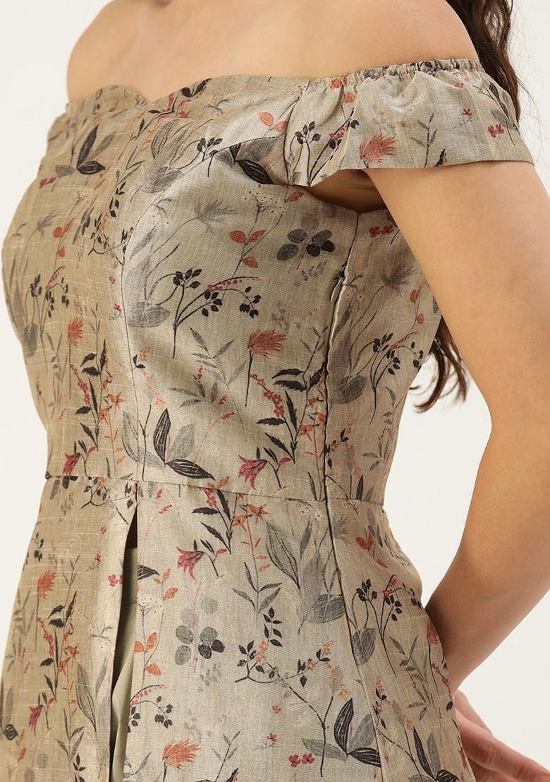 Beige Floral Print Poly Blend Kurta Set