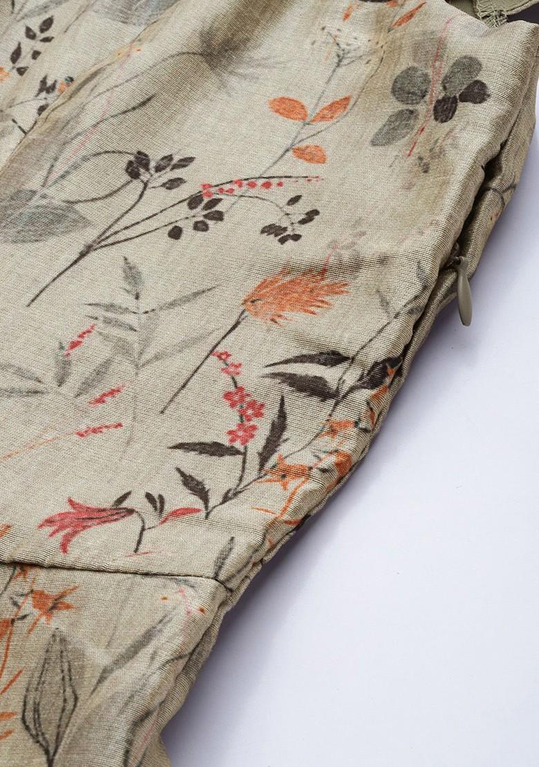 Beige Floral Print Poly Blend Kurta Set