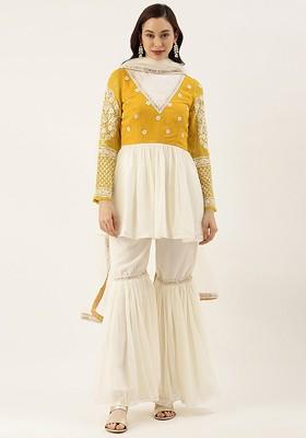Off White Embroidered Poly Blend Kurta Set