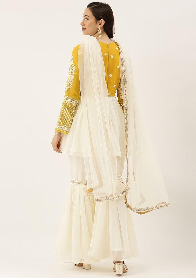 Off White Embroidered Poly Blend Kurta Set