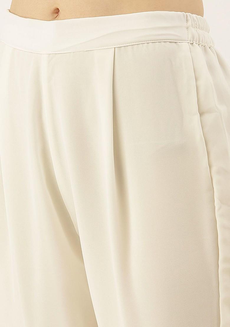 Off White Embroidered Poly Blend Kurta Set