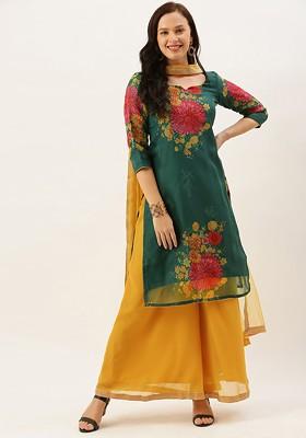 Green Printed Poly Blend Kurta Set