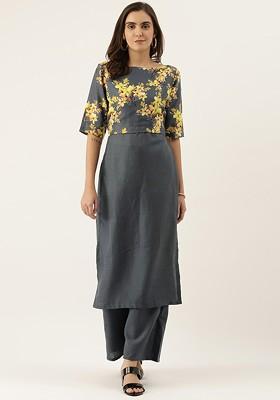 Grey Floral Print Poly Blend Kurta Set
