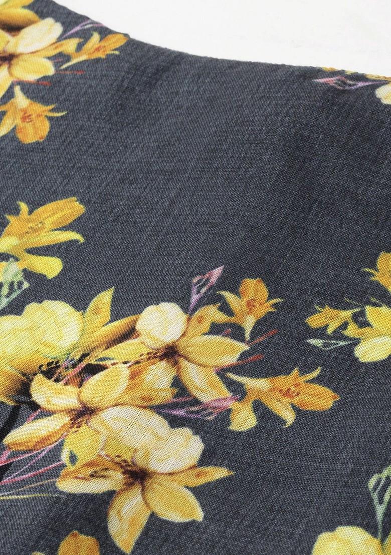 Grey Floral Print Poly Blend Kurta Set