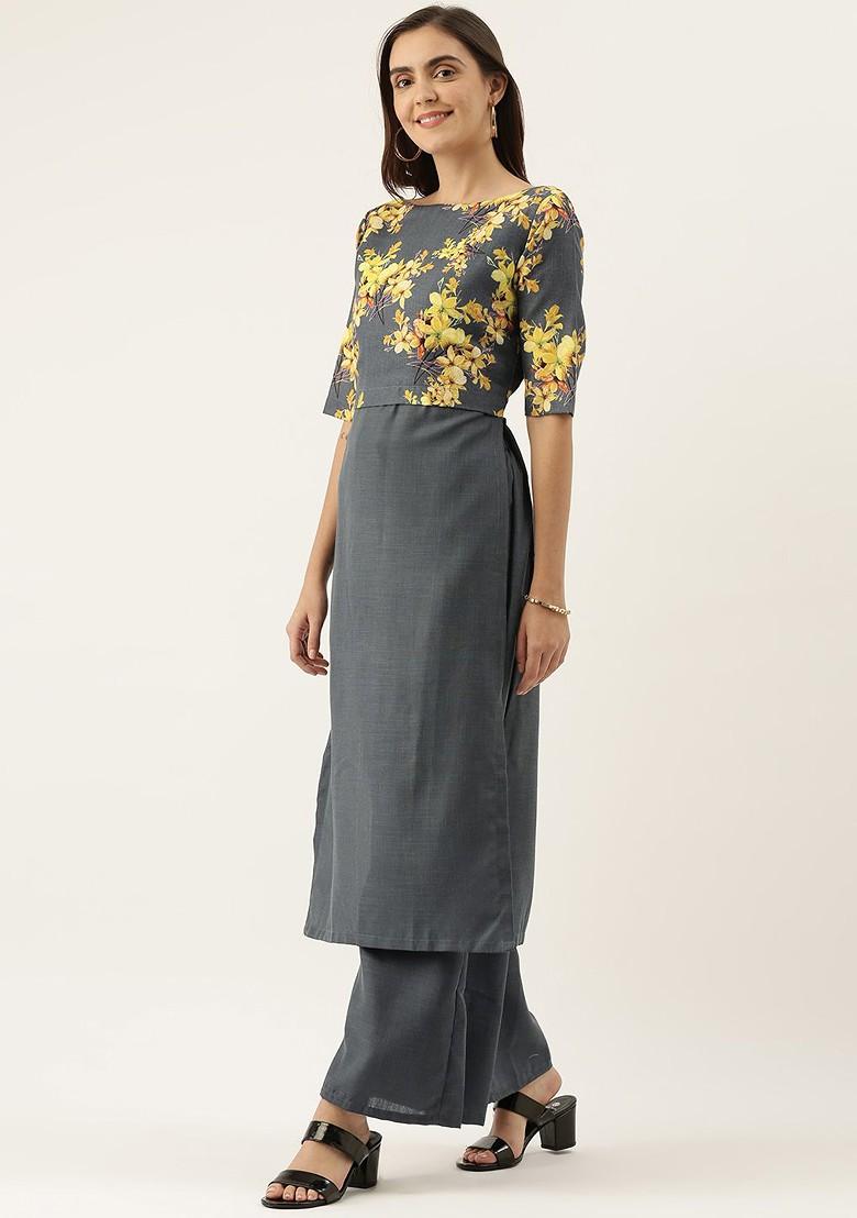 Grey Floral Print Poly Blend Kurta Set