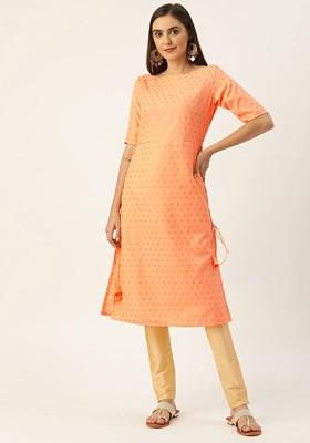 Peach Printed Poly Blend Kurta Set