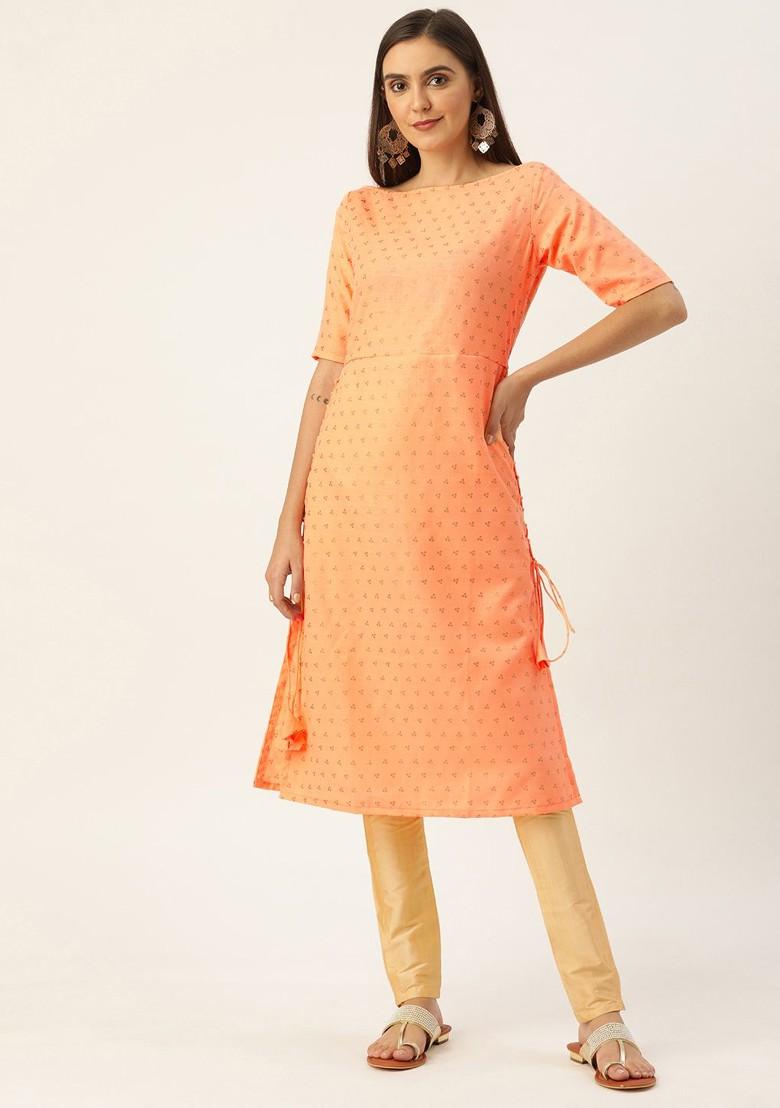 Peach Printed Poly Blend Kurta Set
