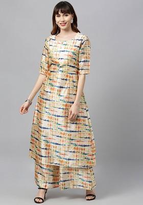 Beige Solid Poly Blend Kurta Set