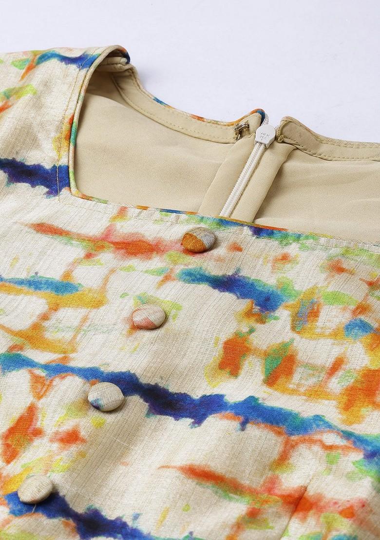 Beige Solid Poly Blend Kurta Set