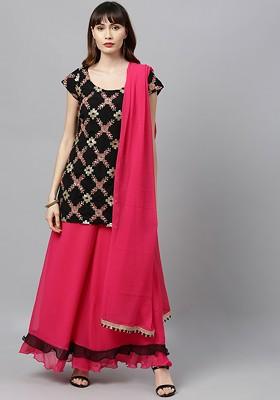 Black Sequin Embroidered Poly Blend Kurta Set